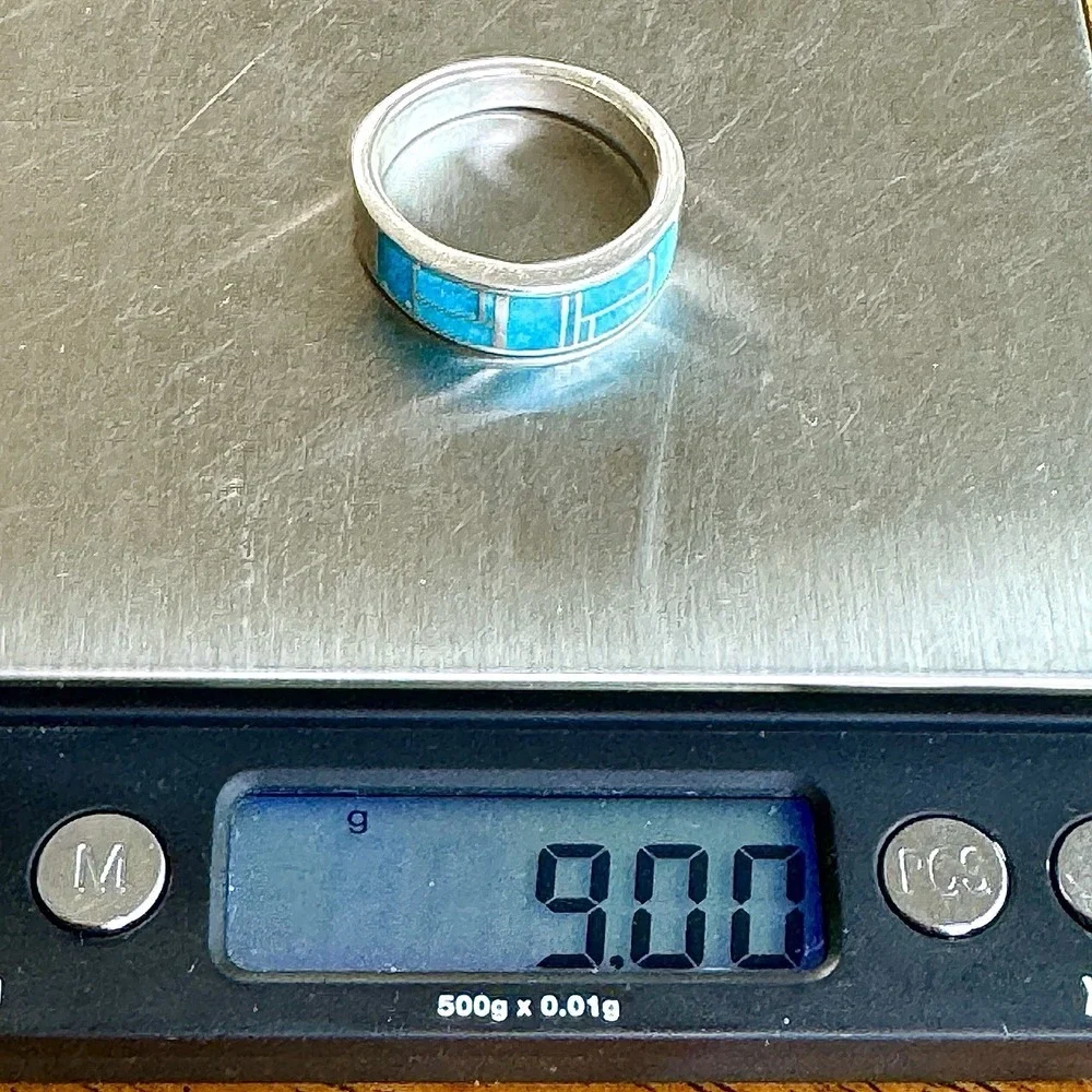 Mens Navajo Wedding Band 13 Ring Turquoise 9mm Inlay Signed Tolino Native Blue
